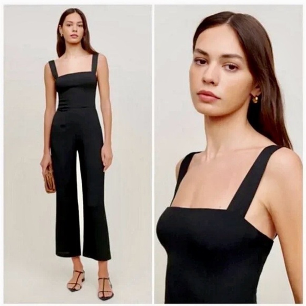 Reformation Alva Black Ribbed Knit Wide Leg Jumpsuit Square Neck Cross Back XL